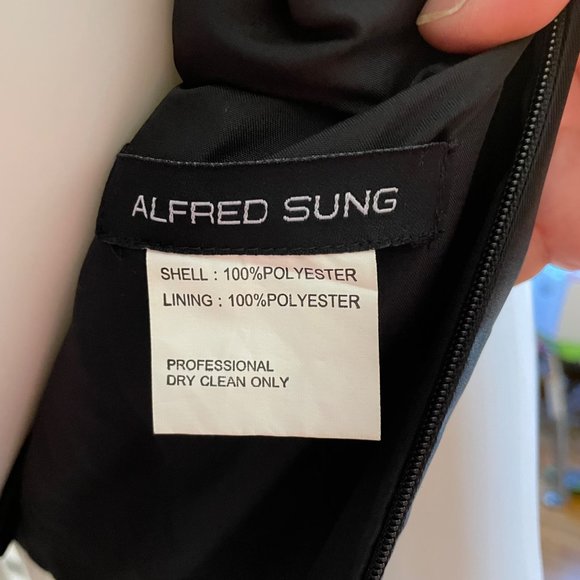 Alfred Sung Black and White Sleeveless Chevron Striped Fit and Flare Maxi Dress - Picture 6 of 7